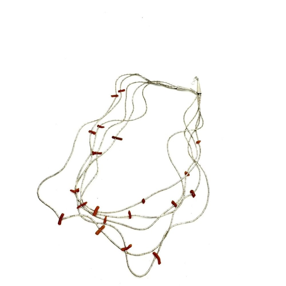 Native American Coral And Sterling Silver Vintage Necklace